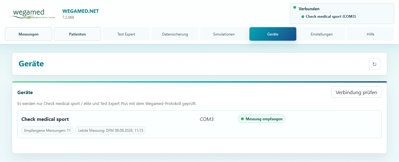 Aktuelle Geräteübersicht in wegamed.net 7.2.068 mit verbundenem Check medical sport