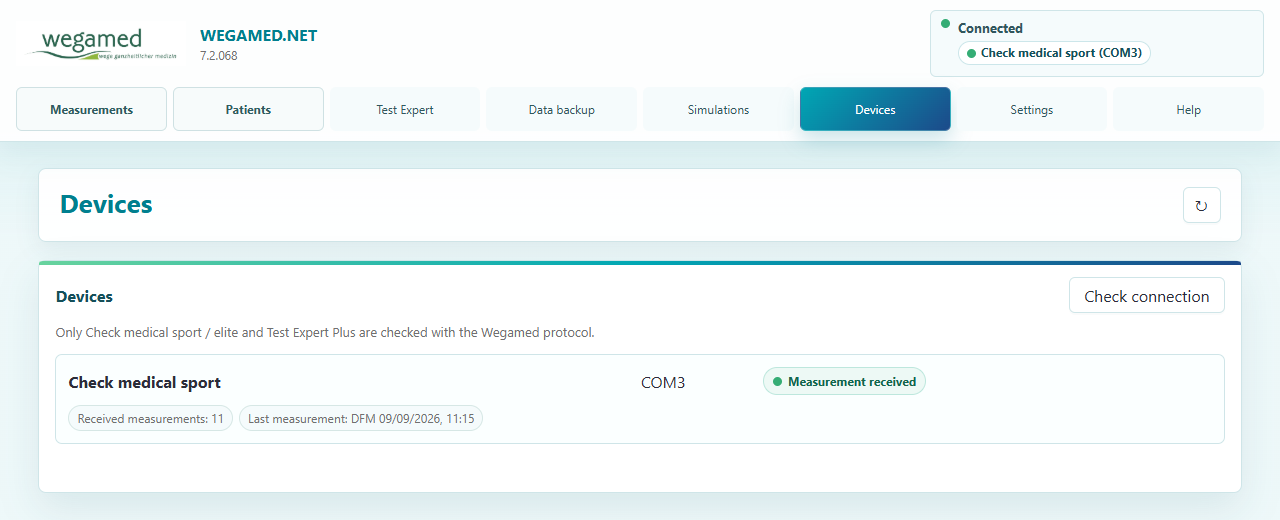 Current device overview in wegamed.net 7.2.068 with connected Check medical sport