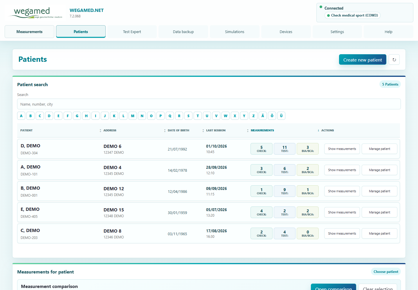 Sortable patient overview in wegamed.net 7.2.068