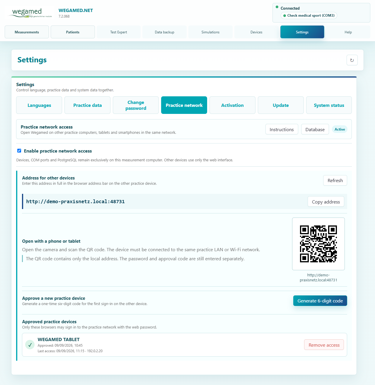Current practice network settings with local address, QR code and release code