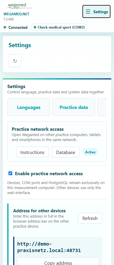 Practice network settings in the mobile wegamed.net interface