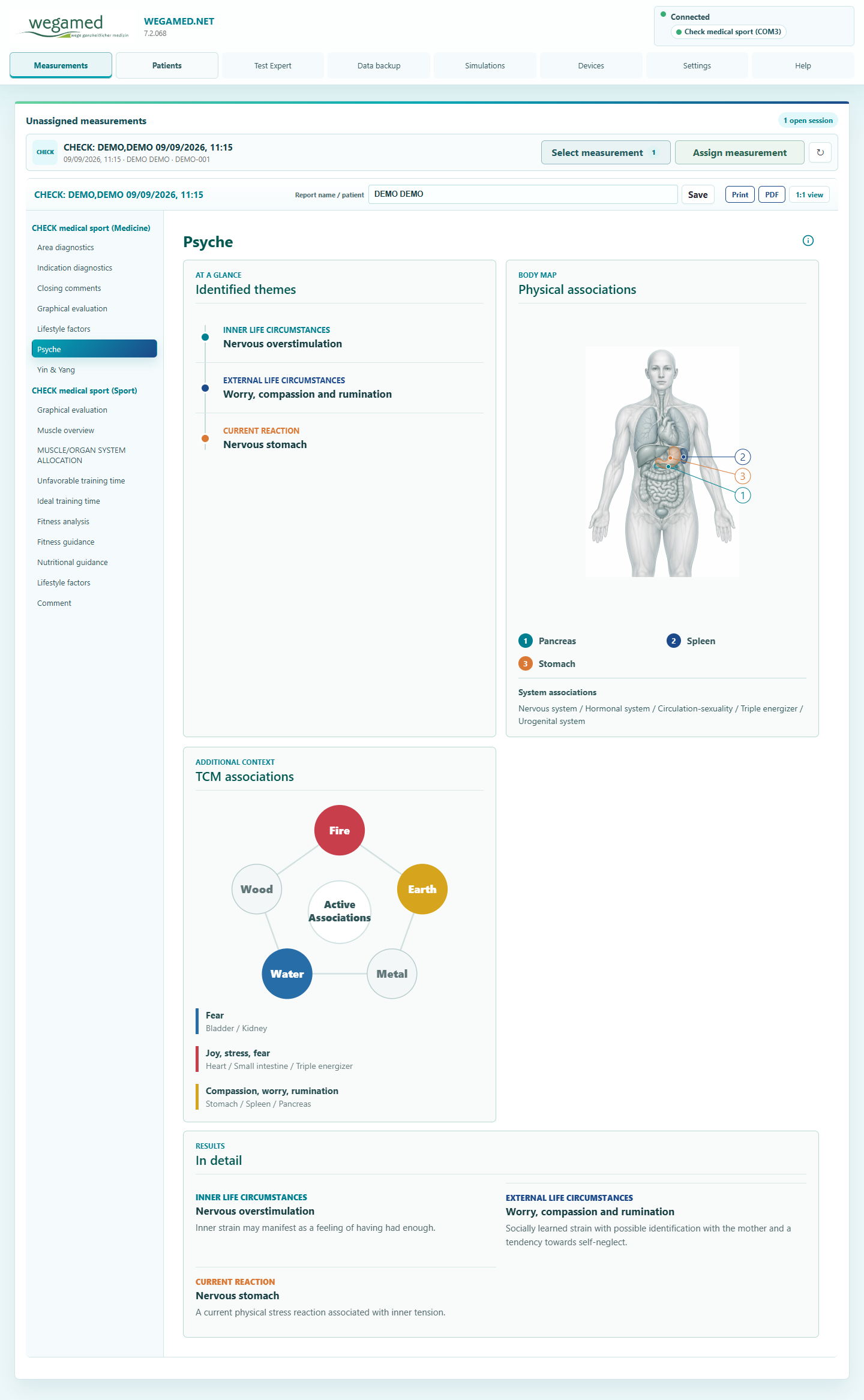 Current psyche evaluation with identified topics, body map and TCM references