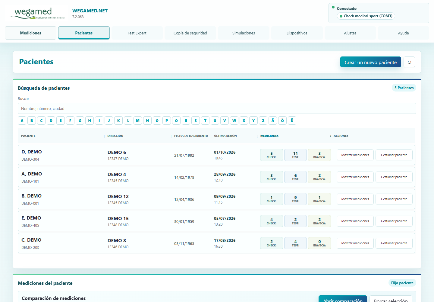 Resumen del paciente ordenable en wegamed.net 7.2.068