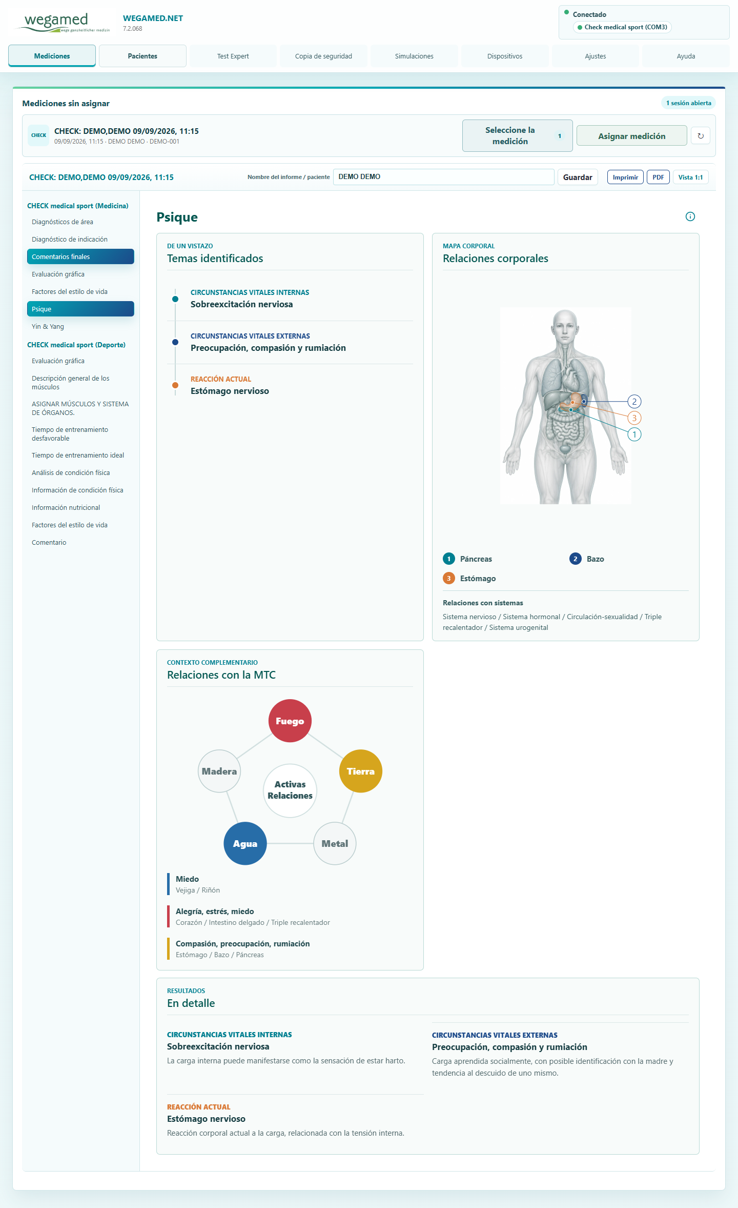 Evaluación psique actual con temas identificados, mapa corporal y referencias de MTC