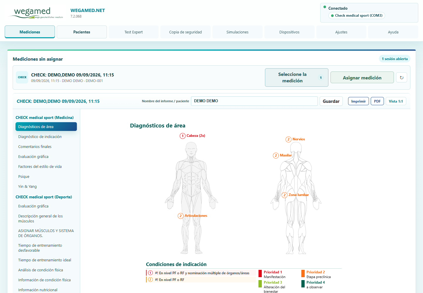 Nuevo wegamed.net 7.2.068 Vista inicial con datos de muestra seguros en el escritorio