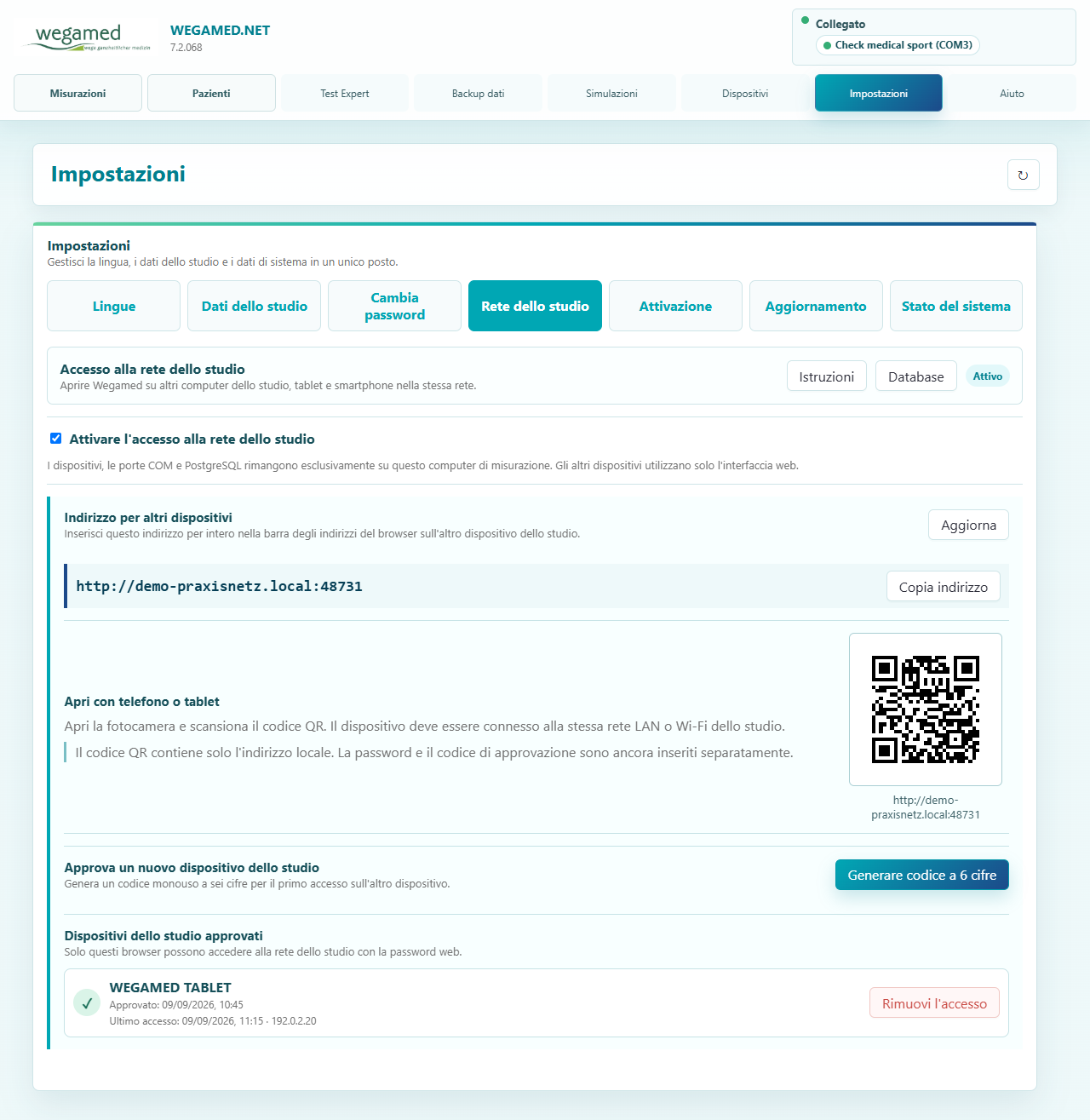 Impostazioni attuali della rete dello studio con indirizzo locale, codice QR e codice di autorizzazione