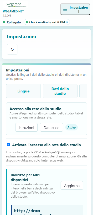 Impostazioni della rete dello studio nell’interfaccia mobile di wegamed.net