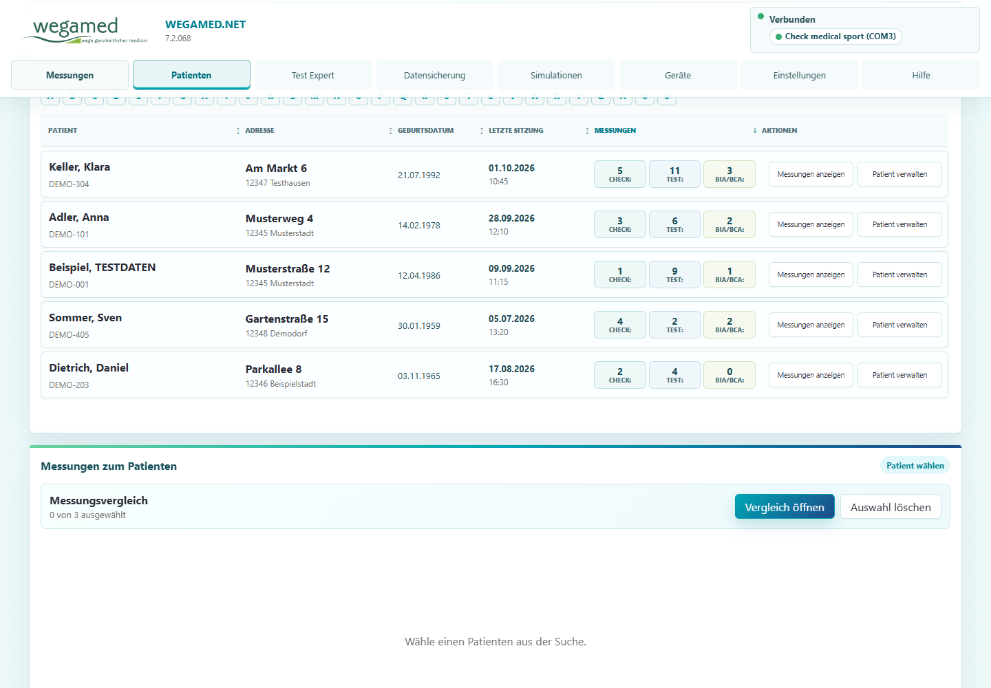 Sortierbare Patientenübersicht in wegamed.net 7.2.068