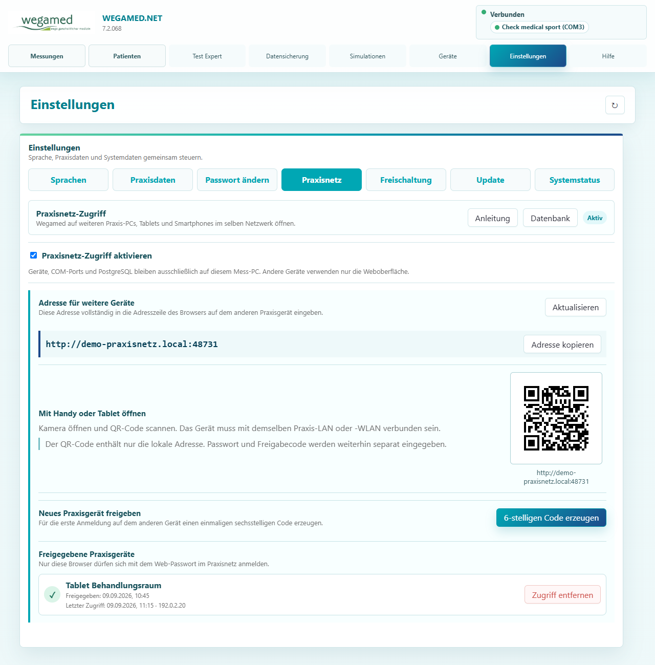 Aktuelle Praxisnetz-Einstellungen mit lokaler Adresse, QR-Code und Freigabecode
