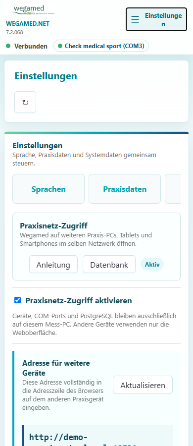 Praxisnetz-Einstellungen in der mobilen wegamed.net-Oberfläche