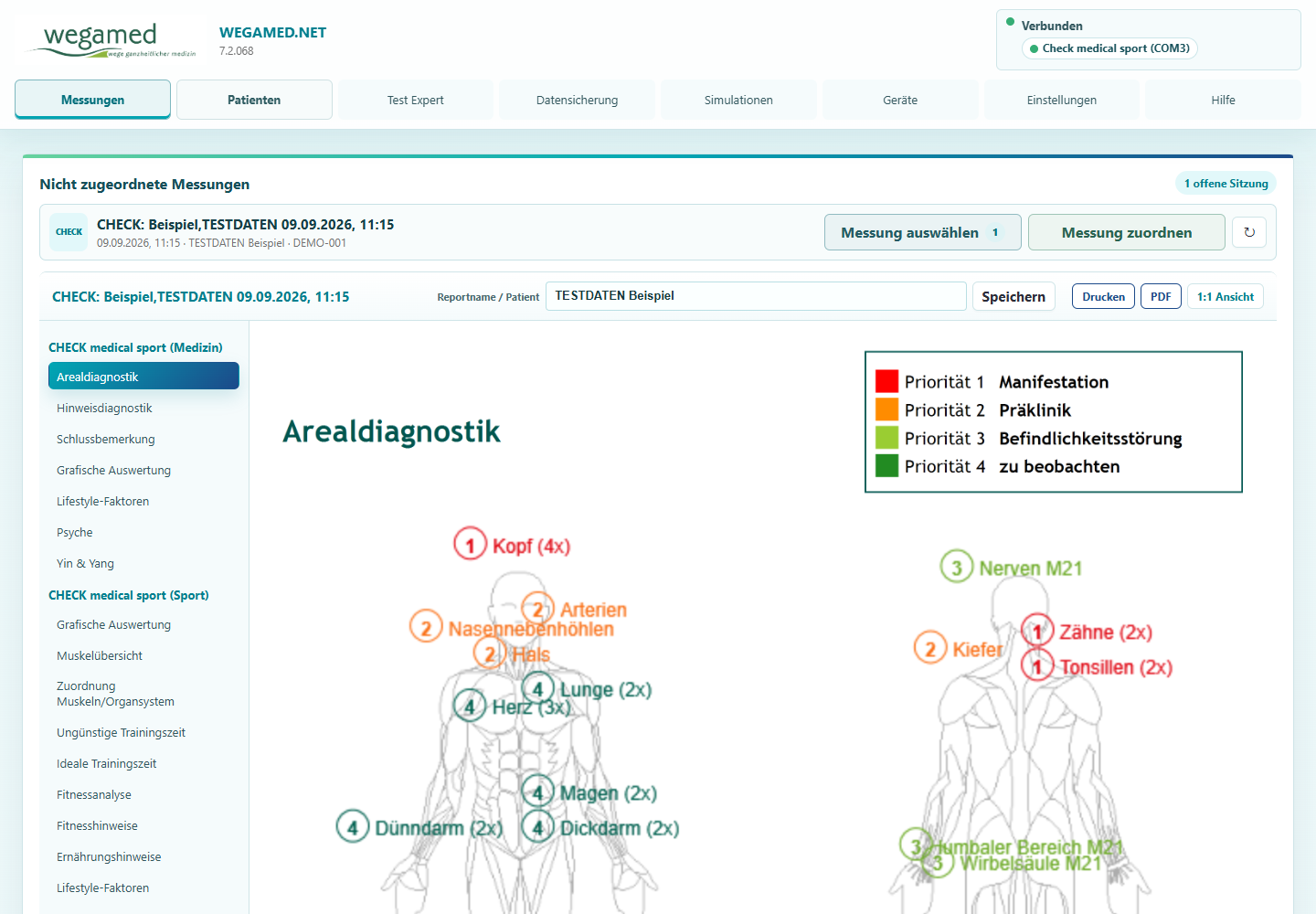 Neue wegamed.net 7.2.068 Startansicht mit sicheren Beispieldaten auf dem Desktop
